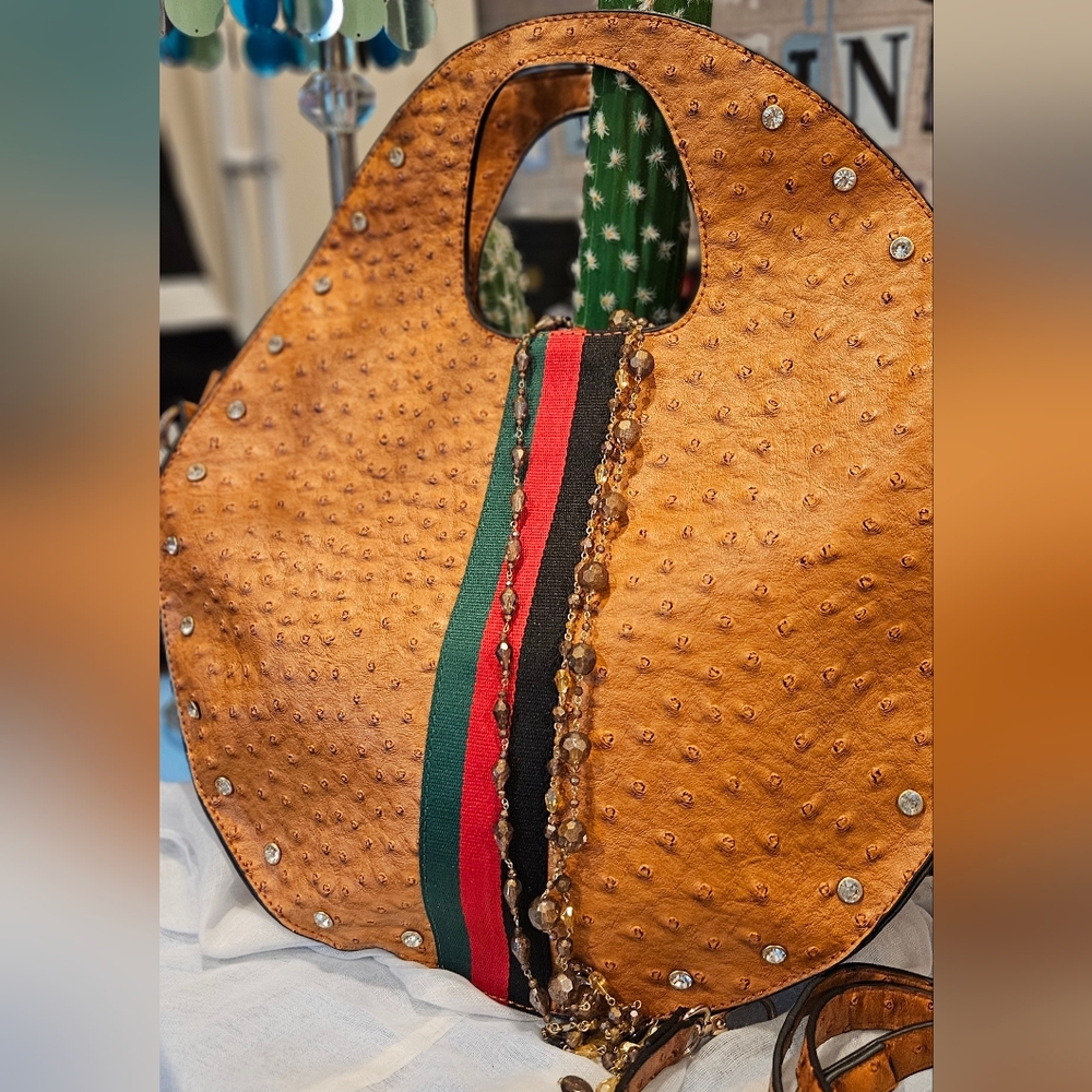 Ostrich-like textured Hobo Tan Bag rhinestones 15"/14"